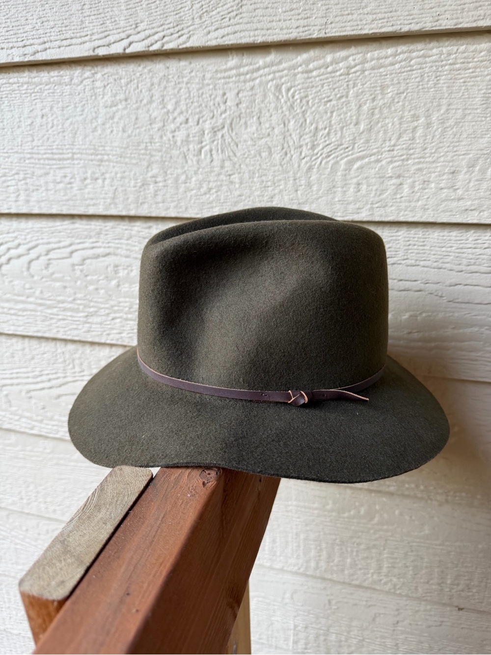 Classic Wool Fedora Hat in Olive Green with Leather Band